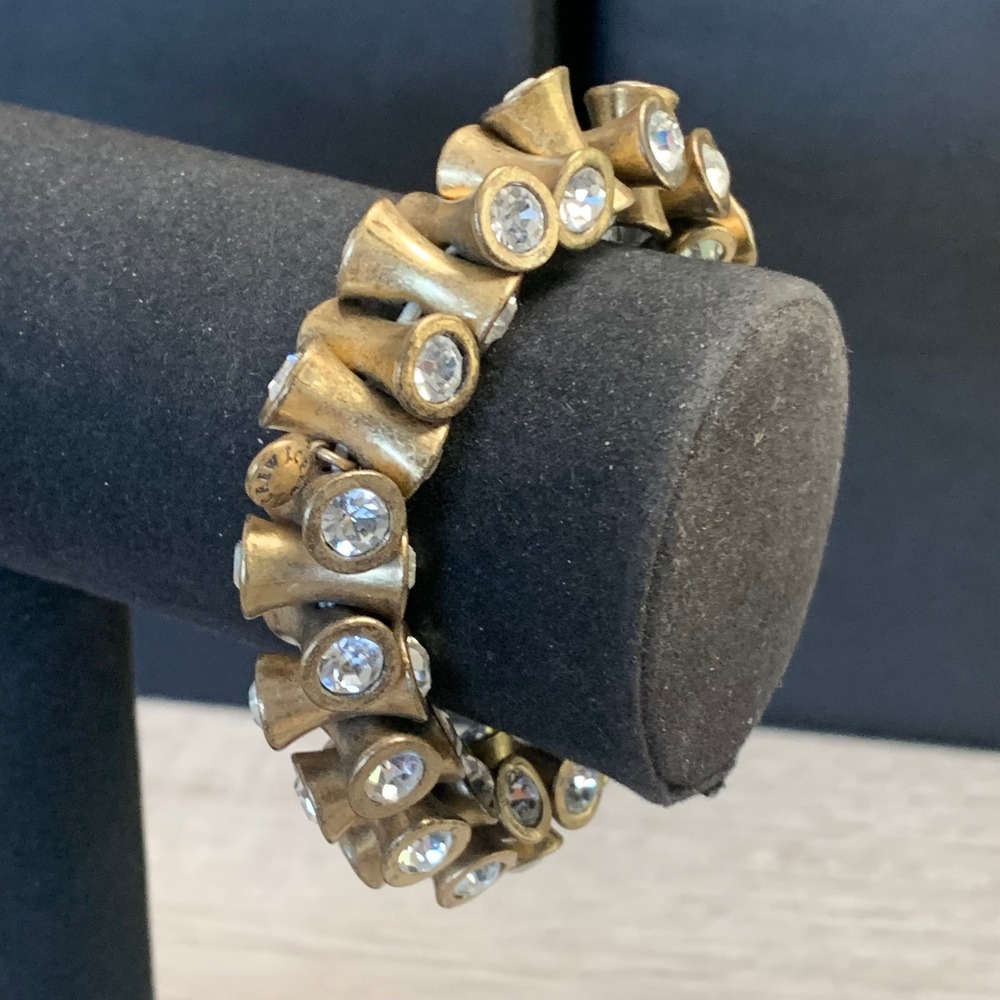 J.Crew Antique Gold Tone Crystal Hourglass Stretch Bracelet Clear Rhinestone